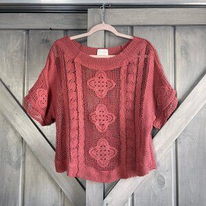 Wisteria Lane Cotton Blend Open Knit Mulberry Pink Blouse Size M